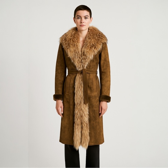 VTG Suede Penny Lane Finnraccoon & Shearling Lamb Fur Trench Coat - Picture 12 of 12